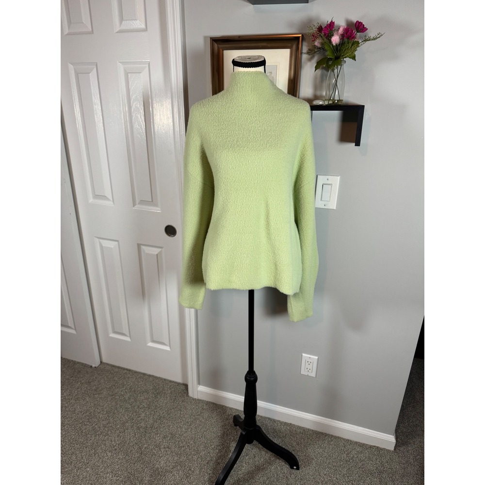 Tahari Womens Mock Neck Fuzzy Eyelash Knit Sweater Lime Green Size L
